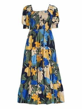 LANDS’ END Smocked Cotton Dobby Midi Puff Sleeve Dress Navy Floral Bloom. Small